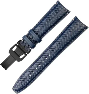 : 22mm) CZKE Cowhide Woven Watchband for IWC IW344205 Portugieser incur triple decor steamboat assortment Pilot Watches Portofino Blue Soft Leather Watch Strap (Color : Blue Black Folding, Size 