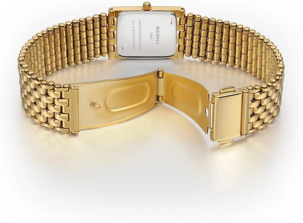 - All Stainless Steel, Waterproof, Sun-ray Dial, Luxury Birthday Present BERNY Dainty Gold Watch for Women, Rectangular Women's Wrist Watch, Small Fashion pigeon person Ladies Bracelet 