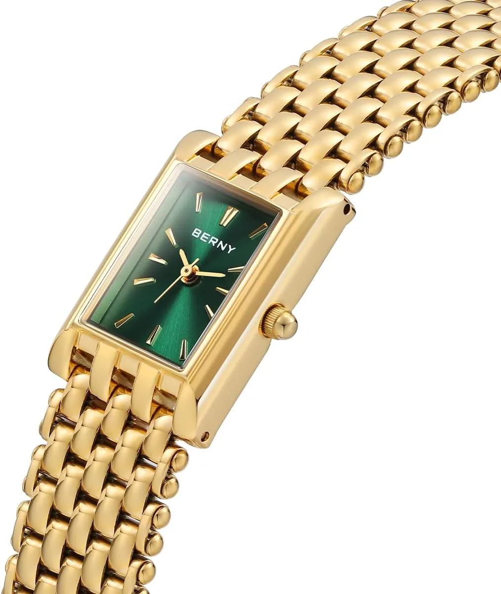 - All Stainless Steel, Waterproof, Sun-ray Dial, Luxury Birthday Present BERNY Dainty Gold Watch for Women, Rectangular Women's Wrist Watch, Small Fashion pigeon person Ladies Bracelet 