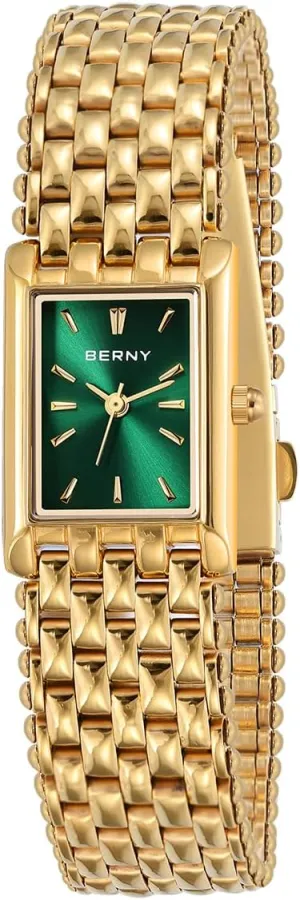 - All Stainless Steel, Waterproof, Sun-ray Dial, Luxury Birthday Present BERNY Dainty Gold Watch for Women, Rectangular Women's Wrist Watch, Small Fashion pigeon person Ladies Bracelet 