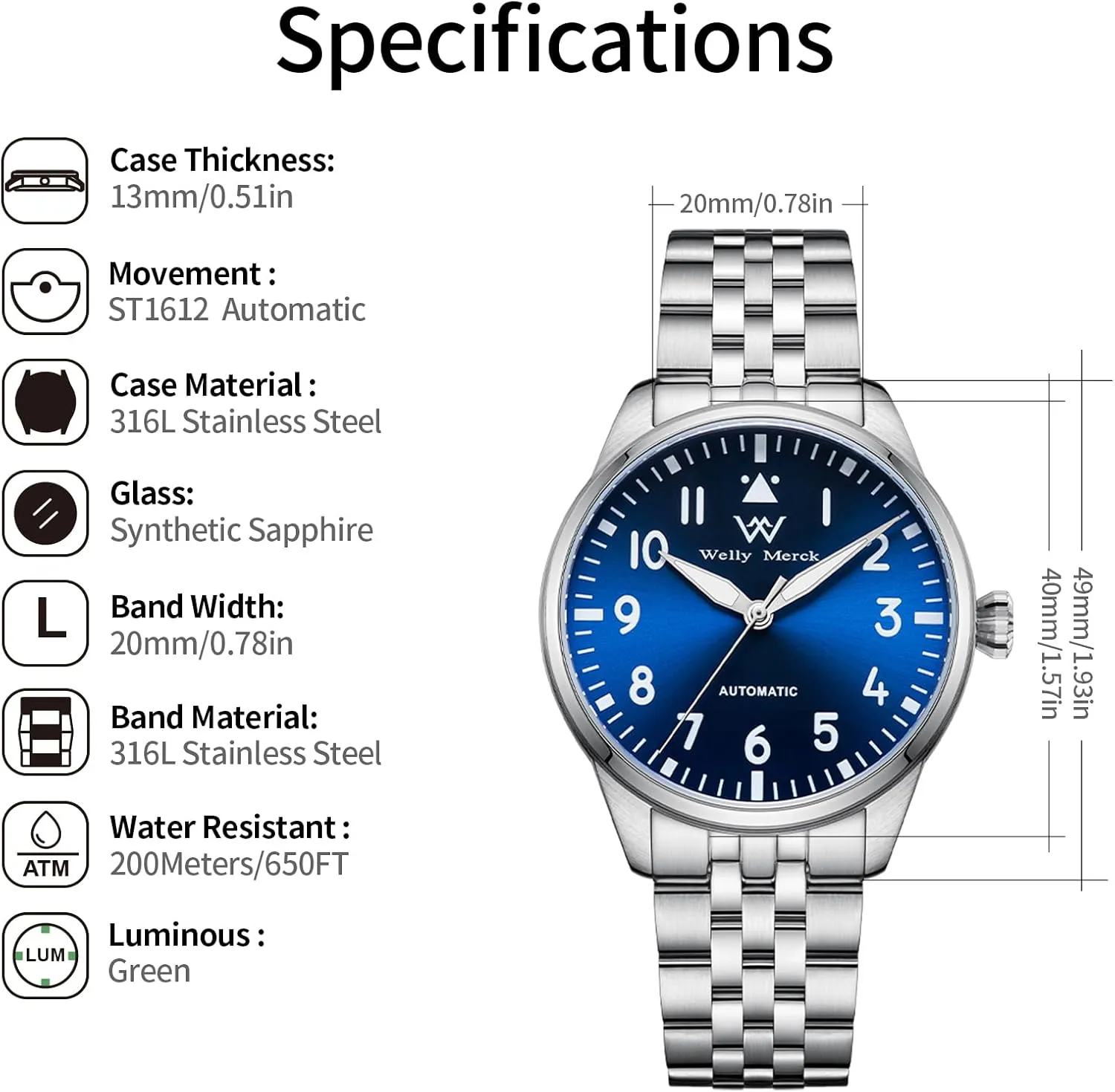 - WM165 Classic Pilot Watch 40mm genesis open ST1612 Watch 20ATM Automatic Watches for Men WM Watch 