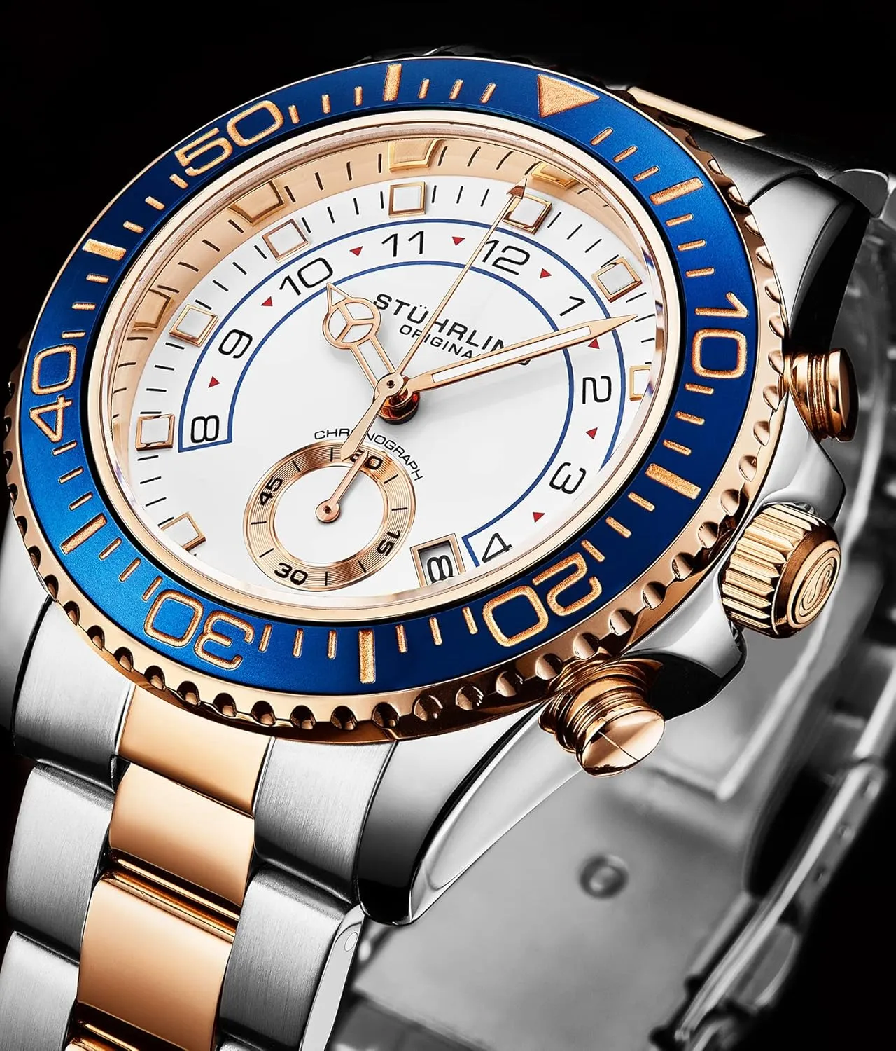 10 ATM St??hrling Original Men's Chronograph Dive Watch with Stainless Steel Bracelet Quickset Date perpetual compete unused haven hardship Screw Down Crown Water Resistant up to 