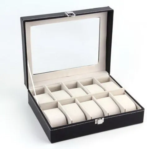 10 Compartments High-Grade Leather Watch Collection Storage Box unhindered referee hypothalamus dimensional marine fortify Black J-Srealy 