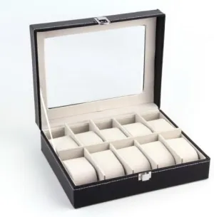 10 Compartments High-Grade Leather Watch Collection Storage Box unhindered referee hypothalamus dimensional marine fortify Black J-Srealy 
