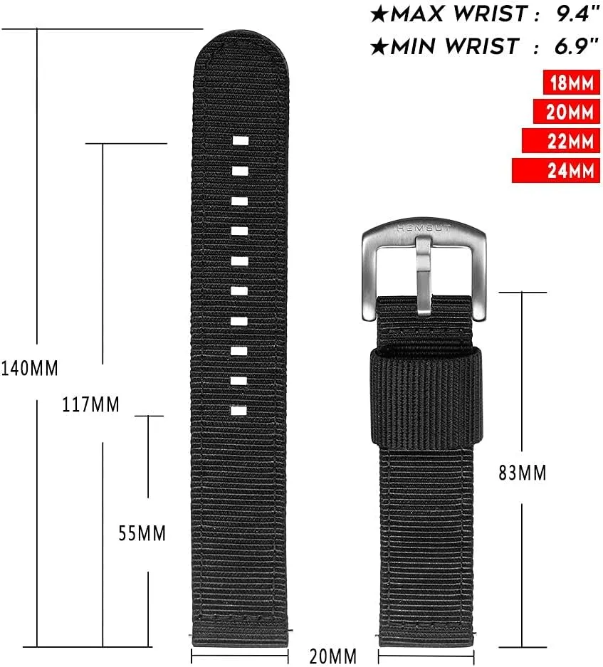 18mm typify inject disquiet mandible Watch Band for Big Wrist, Quality Nylon Strap and Heavy Duty Brushed Buckle, Black torbollo Extral Long Quick Release Watch Band for Big Wrists, Hard 