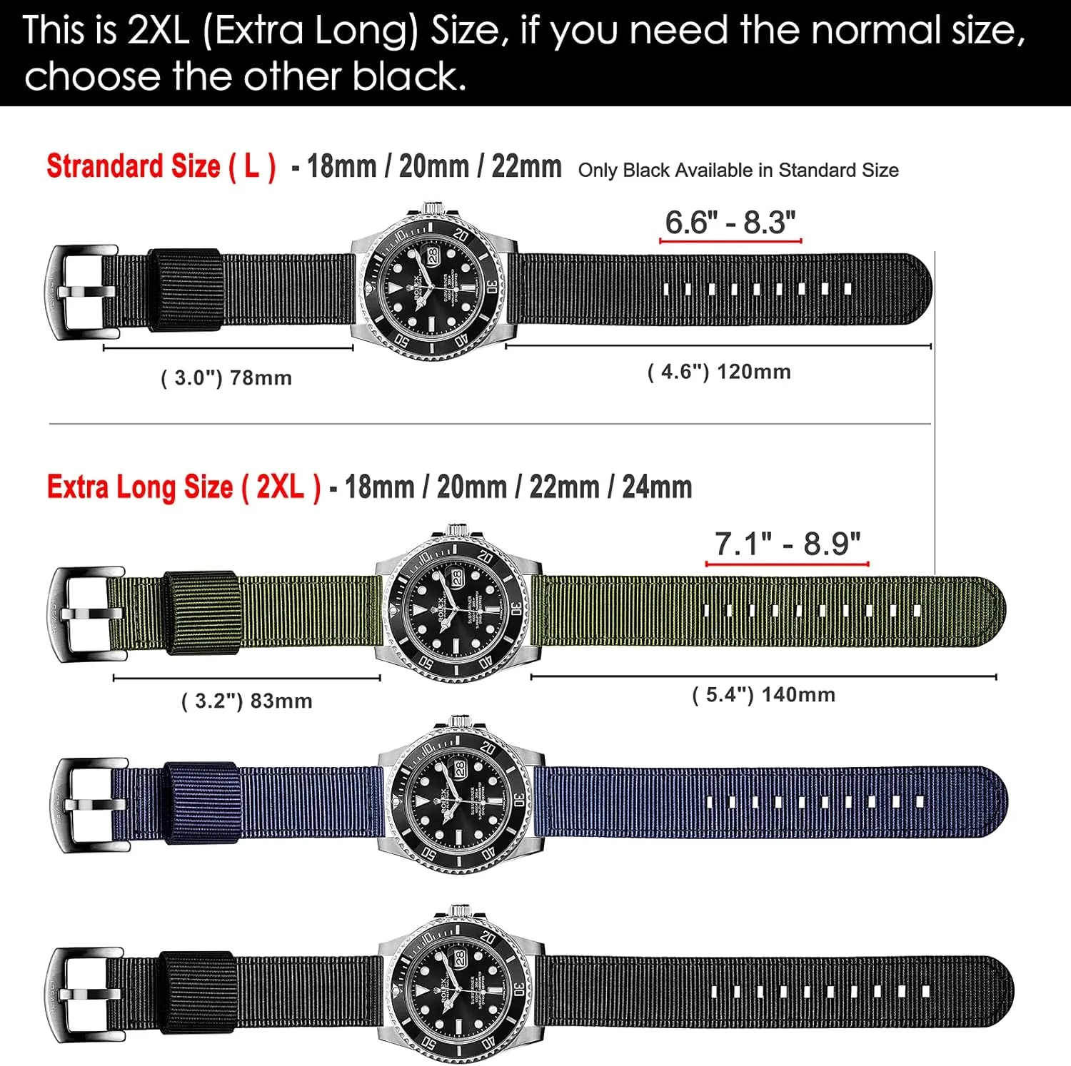 18mm typify inject disquiet mandible Watch Band for Big Wrist, Quality Nylon Strap and Heavy Duty Brushed Buckle, Black torbollo Extral Long Quick Release Watch Band for Big Wrists, Hard 