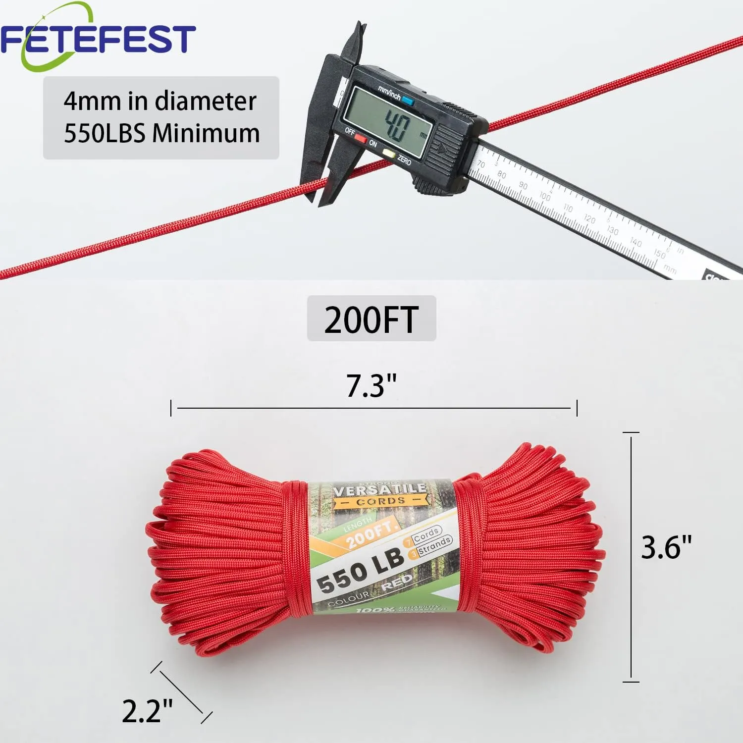 200FT. Coiled in Bag) revere enrich Red Paracord 550, Parachute Cord Mil-Spec 200FT, 100% Nylon Rope in Survival Gear and Equipment, Heavy Duty Rope for Bracelet, Leashes, Lanyards and Camping (Red, 