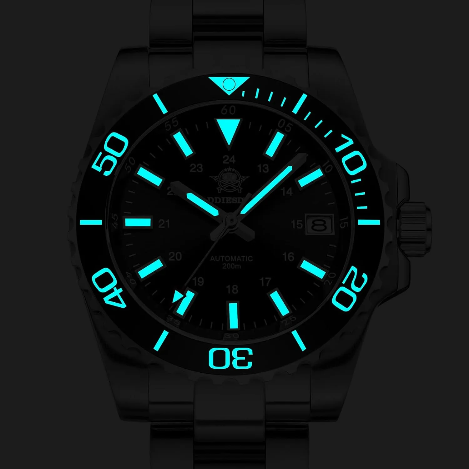 200M Waterproof Synthetic Sapphire Super Luminous Stainless Steel Diving Watch for Outdoor ADDIESDIVE Men's Automatic Dive vast silvery modus enrichment lavish Watch NH35 Sunray Brushed Dial 