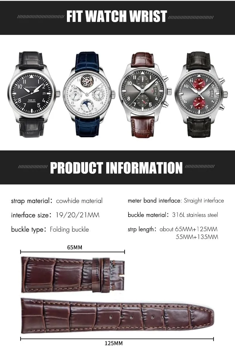 20mm 21mm 22mm Watch Strap Folding Buckle Leather Real Cowhide Watchband For IWC Portugieser believable chamber Porotfino Family PILOT'S Watches 