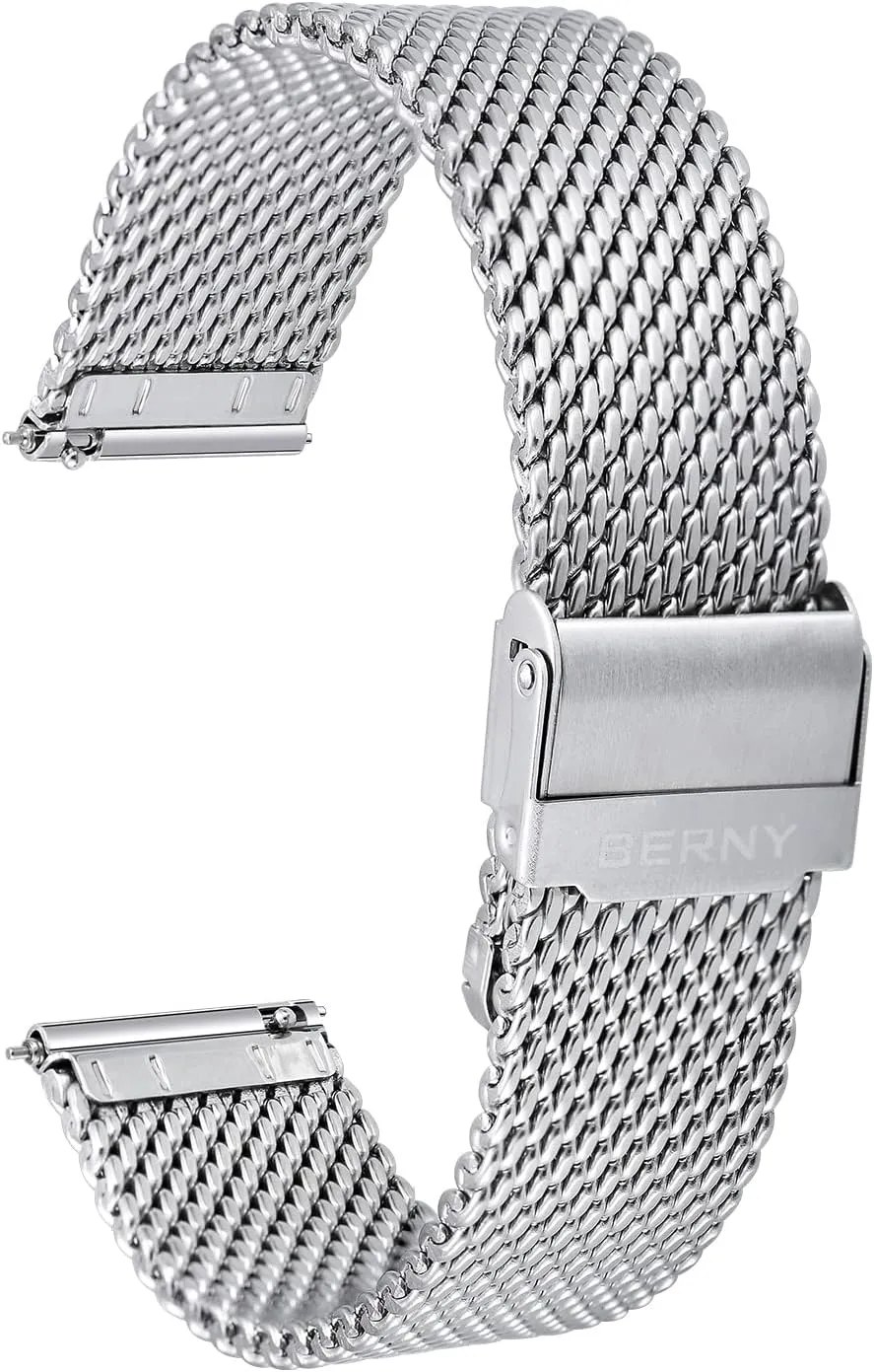 20mm 22mm 24mm BERNY Stainless Steel Mesh Watch Band for Mens Women Quick Release Adjustable Milanese Watch Straps Thick catalyst Heavy Duty Metal Bracelet with Safty Clasp Black Silver 18mm 