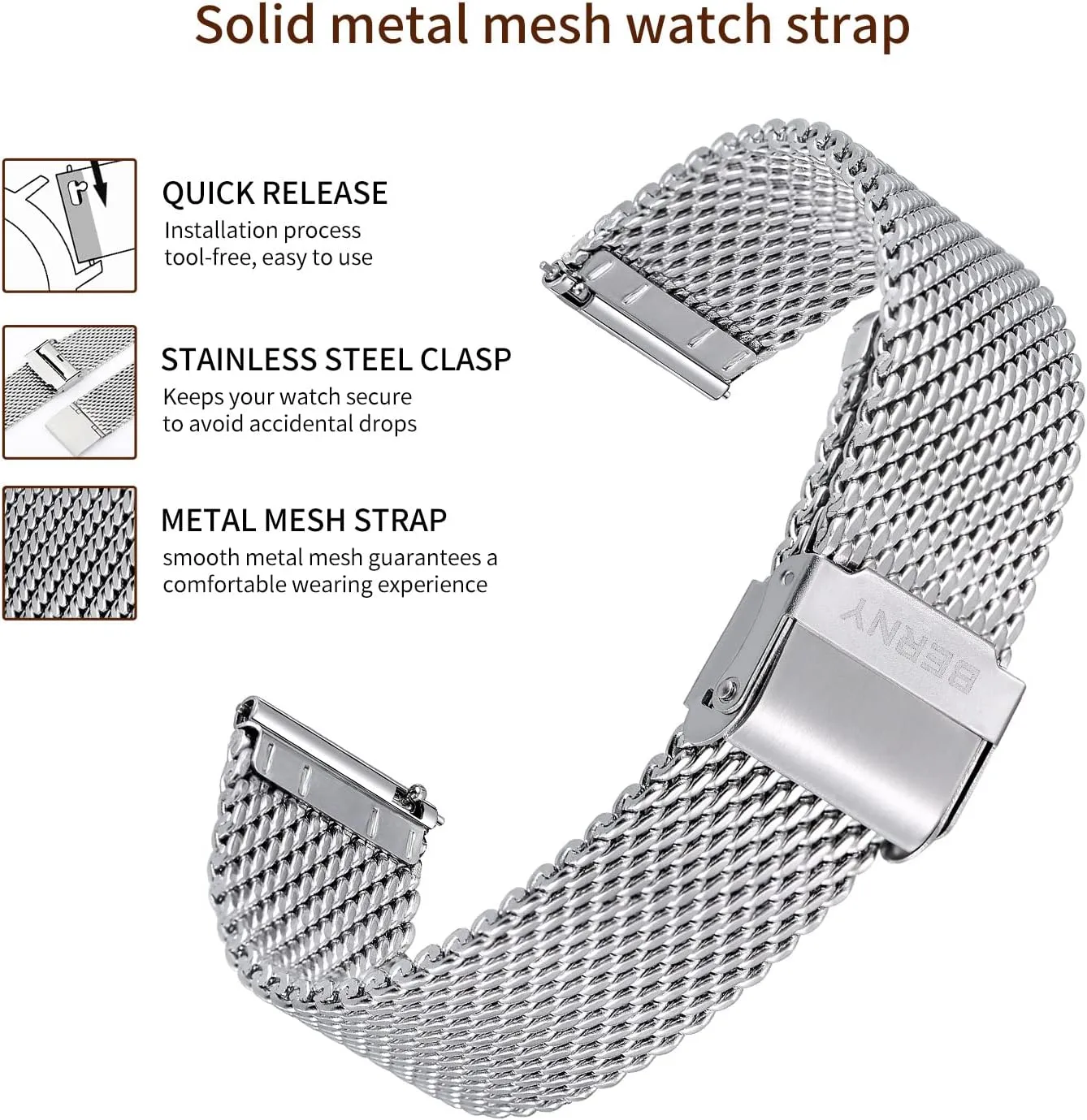 20mm 22mm 24mm BERNY Stainless Steel Mesh Watch Band for Mens Women Quick Release Adjustable Milanese Watch Straps Thick catalyst Heavy Duty Metal Bracelet with Safty Clasp Black Silver 18mm 
