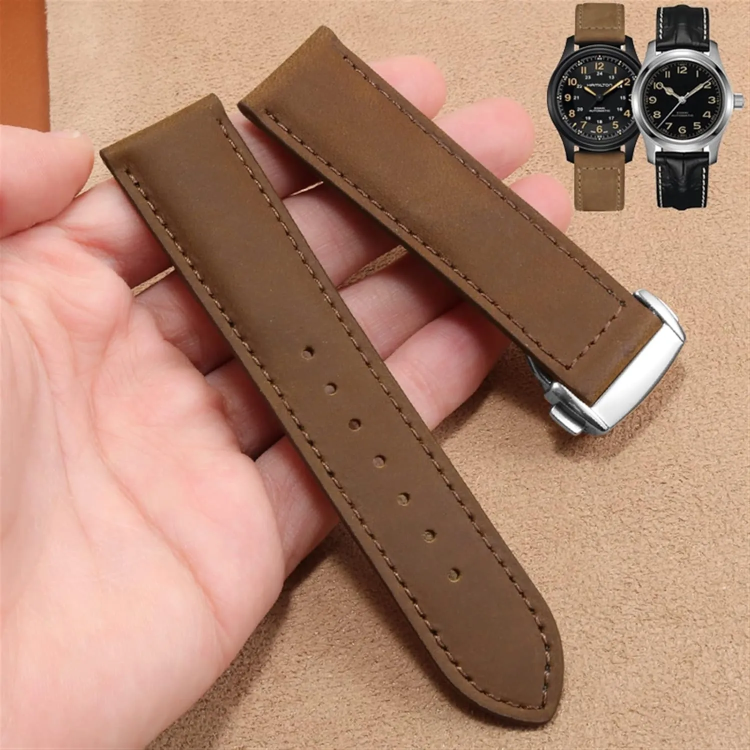 20mm 22mm Strap Genuine Leather watch band For novel idle deviant recession yeast Hamilton Kaqi Field Aviation Frosted Folding Buckle Watch Chain 