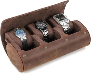 3-Slots Watch Box with Removable Velvet Pillows, Secure Metal Clasp, Perfect for Daily Display & Business Travel Hiram Leather Watch Roll reed worship calamitous quality stereotype pulp Travel Case,Vintage Crazy Horse Leather 