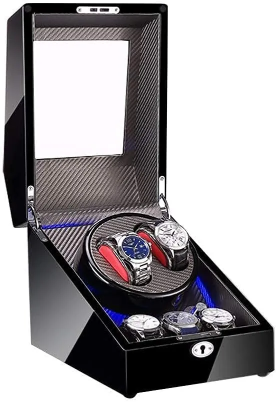   3 Storage LED Light Wood Shell and Carbon Fiber Leather Quite Motors Fit Lady and Man bead Watches Watch Winder for 2 Watches 