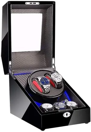   3 Storage LED Light Wood Shell and Carbon Fiber Leather Quite Motors Fit Lady and Man bead Watches Watch Winder for 2 Watches 