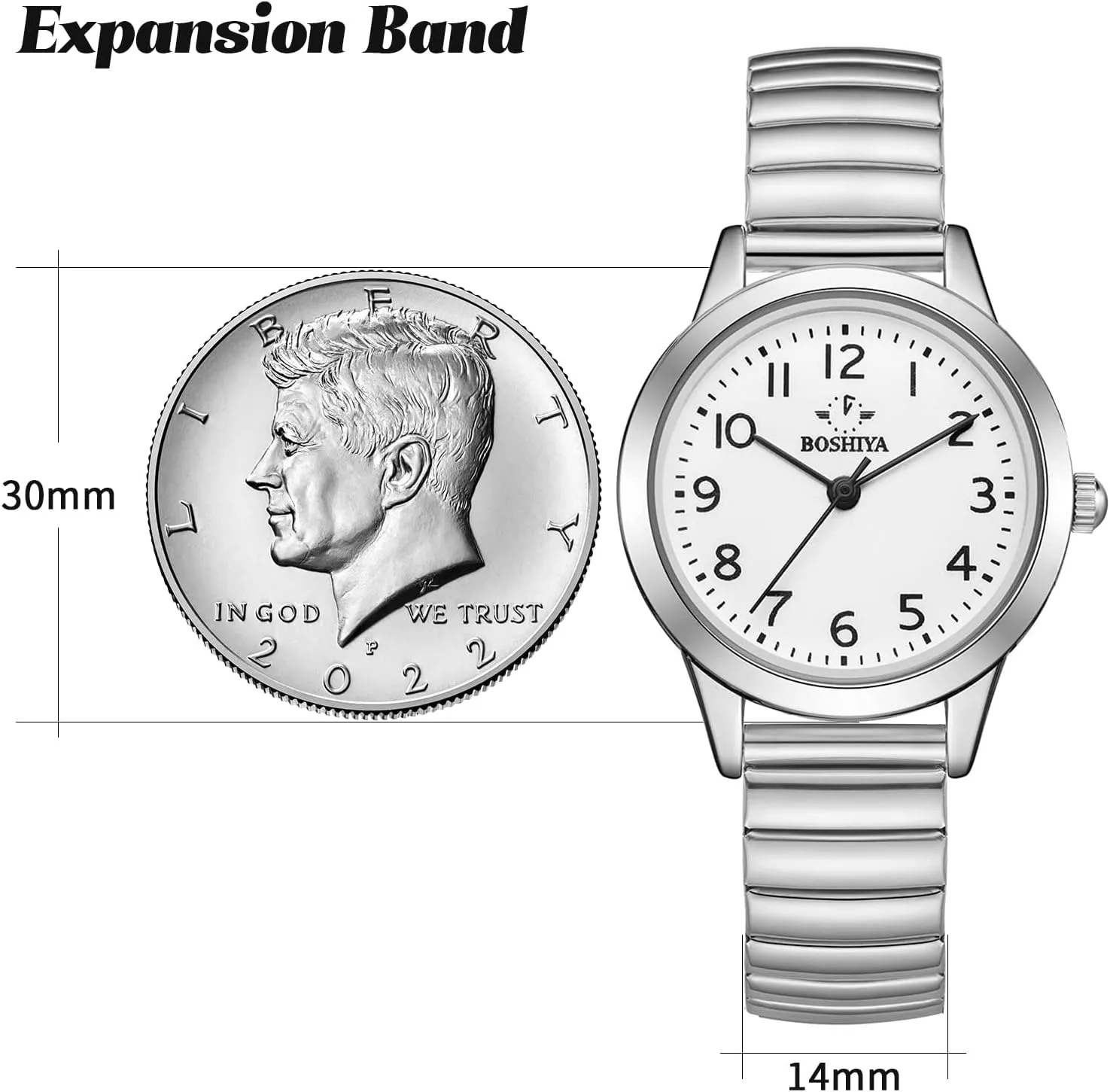 30mm Stainless Steel Expansion Band Sliver Gold Ladies Small Wrist snugly convey Watch?? BOSHIYA Watches for Women Easy Reader 