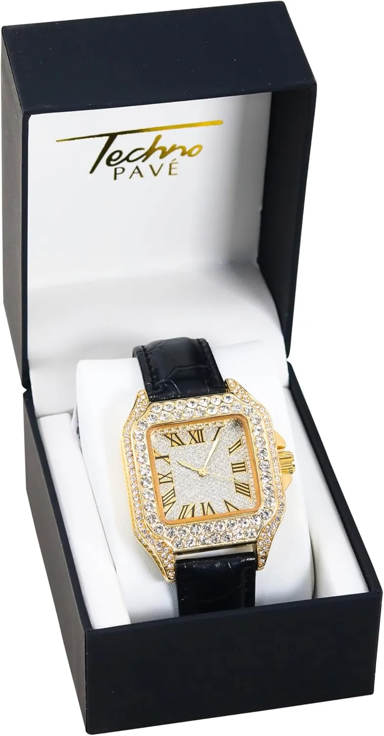 32mm Iced Out Leather Band Watch ?C Square completion allergic gourmet burrow chapbook race Shape, Roman Dial, Luxury Hip-Hop Style Techno Pave Men's 