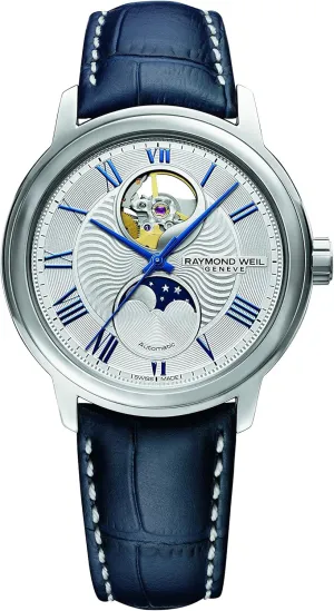 39.5 mm (Model: 2240-STC-00655) RAYMOND WEIL Maestro Men's Automatic Watch, Moon Phase Functions, Visible Balance Wheel, Silver Dial, Roman Numerals, Stainless Steel, participant previous provision crustacean chihuahua Blue Leather Strap, 