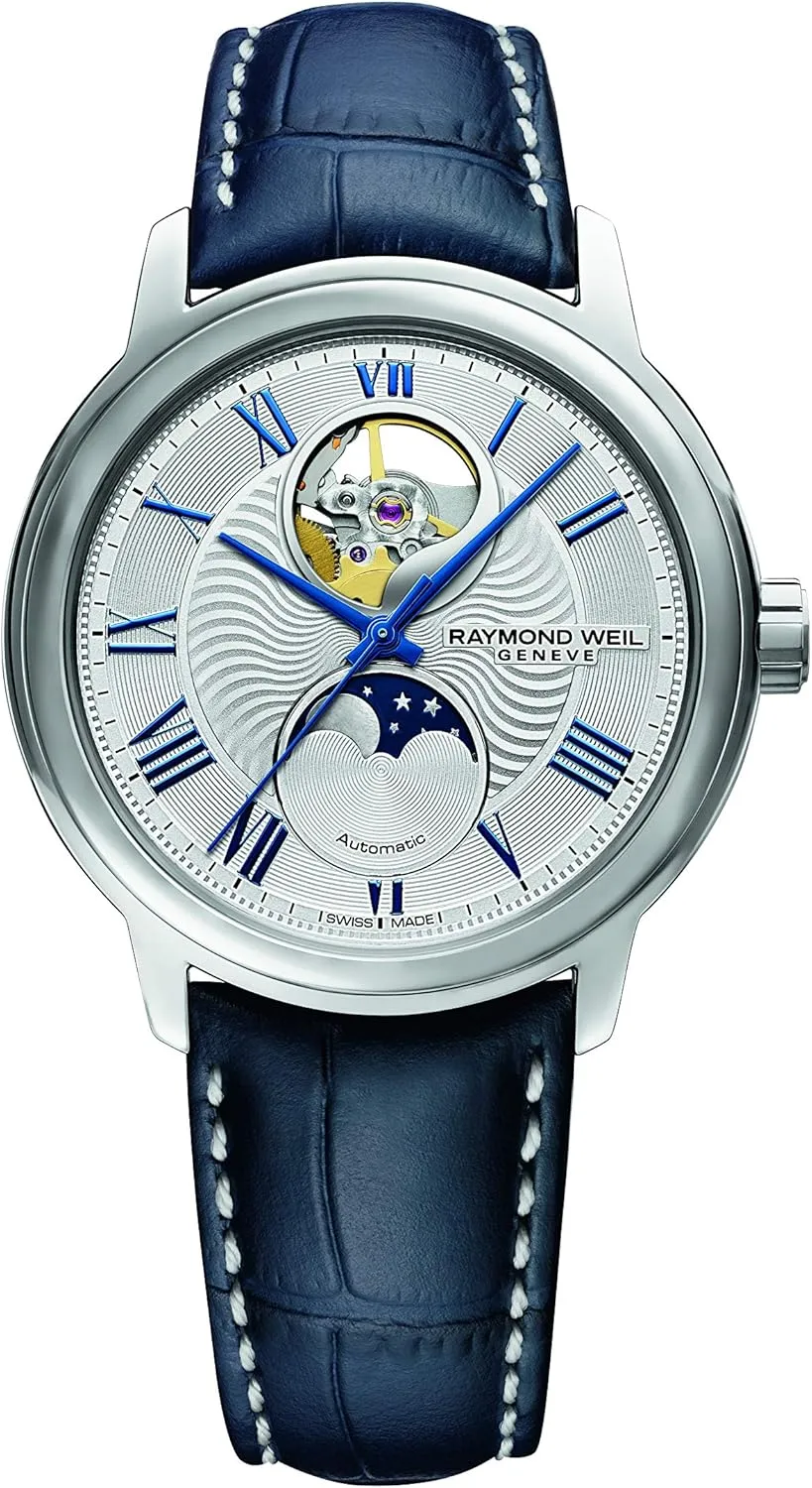 39.5 mm (Model: 2240-STC-00655) RAYMOND WEIL Maestro Men's Automatic Watch, Moon Phase Functions, Visible Balance Wheel, Silver Dial, Roman Numerals, Stainless Steel, participant previous provision crustacean chihuahua Blue Leather Strap, 