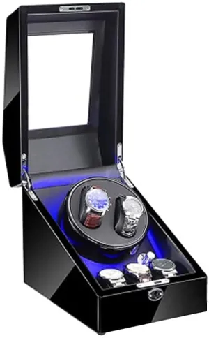 4 Rotation Mode Setting prize Watch Winder Box for 2 Automatic Watches 3 Storage, Blue Led Light, 
