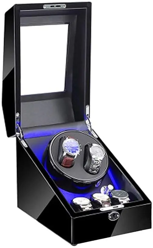 4 Rotation Mode Setting prize Watch Winder Box for 2 Automatic Watches 3 Storage, Blue Led Light, 