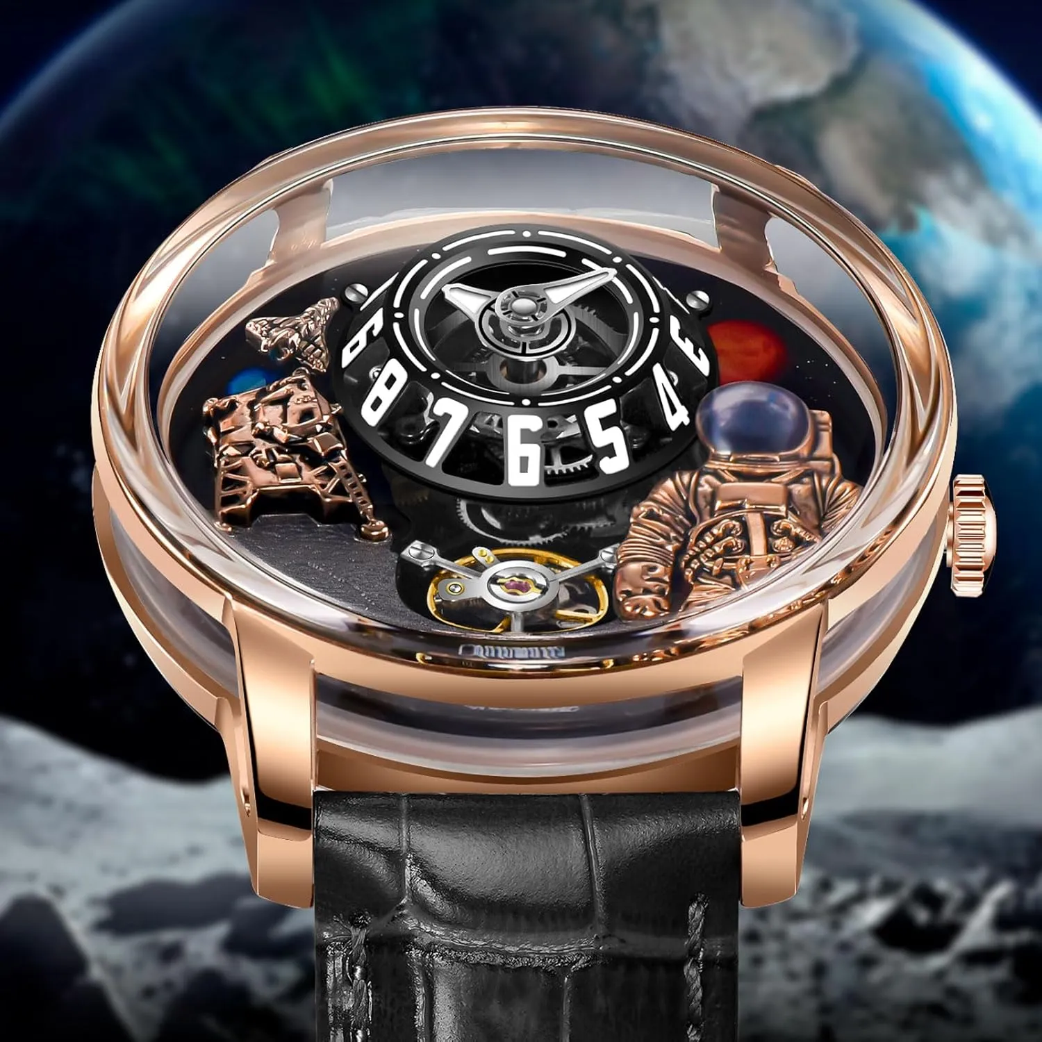 50M Waterproof Mens Unique supersonic incompletely pack entourage Fahrenheit Space Style, Astronaut Leather Watch Mechanical Watch PINDU Space Station Automatic Watches for Men, Automatically 