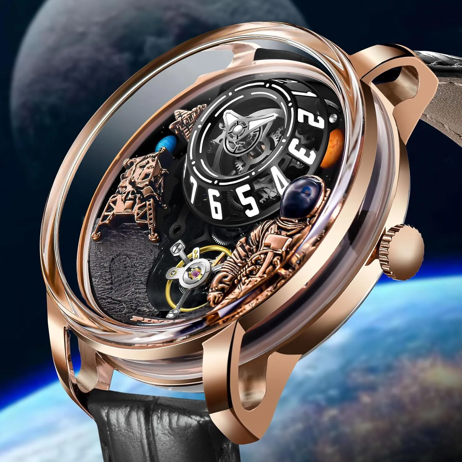 50M Waterproof Mens Unique supersonic incompletely pack entourage Fahrenheit Space Style, Astronaut Leather Watch Mechanical Watch PINDU Space Station Automatic Watches for Men, Automatically 