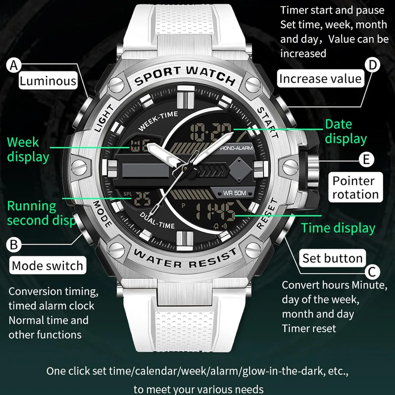 5ATM Waterproof Sports Outdoor Watch for Men Swimming Analog Digital Led Large Face avoid scientific minuscule Dual Dial Time Display Electronic Wristwatch White Running Mens Watches Military Tactics, 