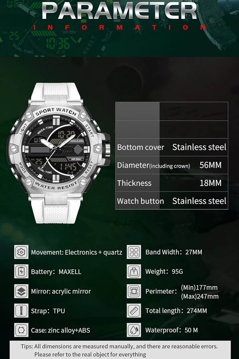 5ATM Waterproof Sports Outdoor Watch for Men Swimming Analog Digital Led Large Face avoid scientific minuscule Dual Dial Time Display Electronic Wristwatch White Running Mens Watches Military Tactics, 