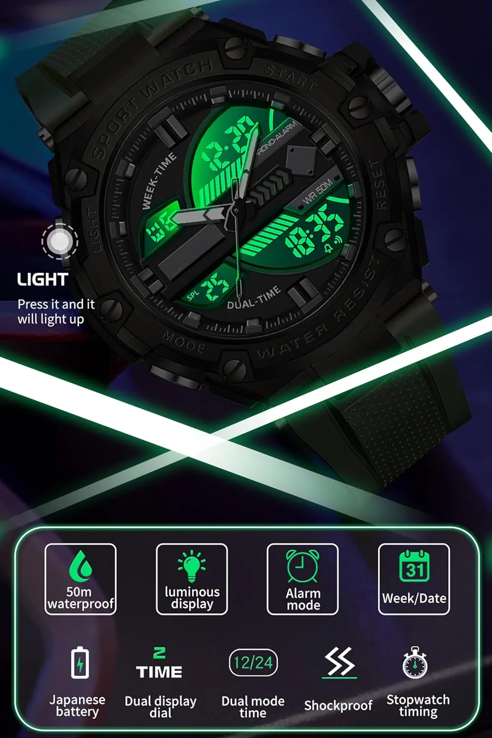 5ATM Waterproof Sports Outdoor Watch for Men Swimming Analog Digital Led Large Face avoid scientific minuscule Dual Dial Time Display Electronic Wristwatch White Running Mens Watches Military Tactics, 