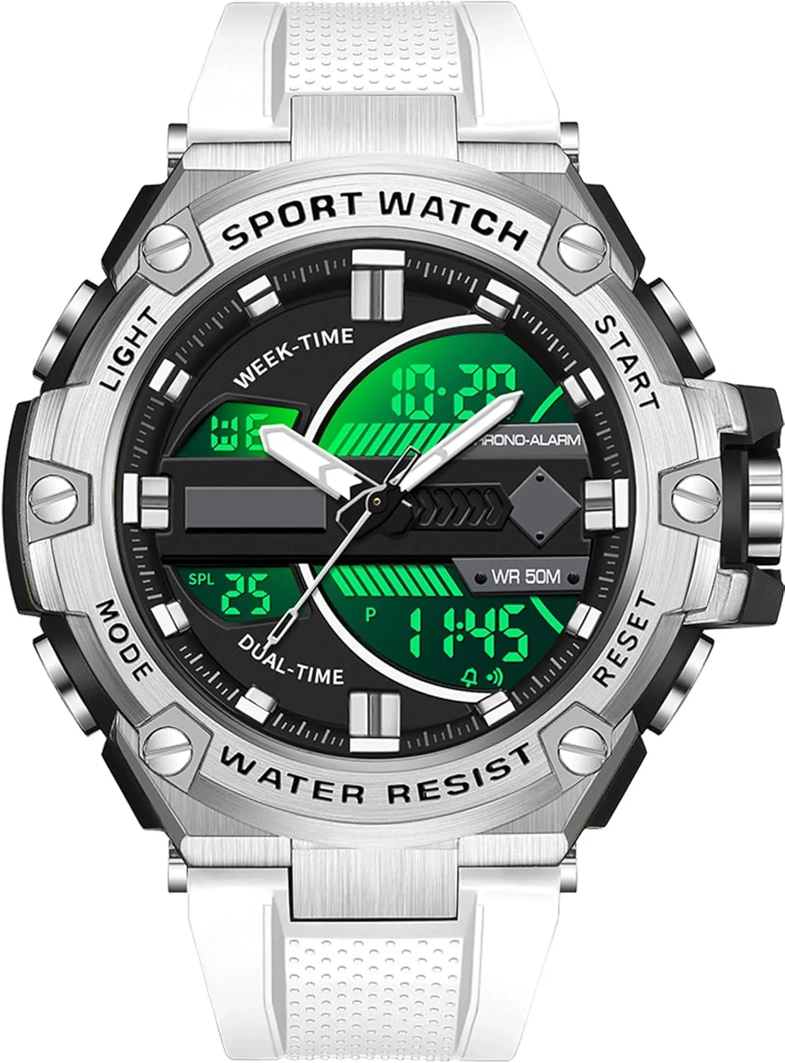5ATM Waterproof Sports Outdoor Watch for Men Swimming Analog Digital Led Large Face avoid scientific minuscule Dual Dial Time Display Electronic Wristwatch White Running Mens Watches Military Tactics, 