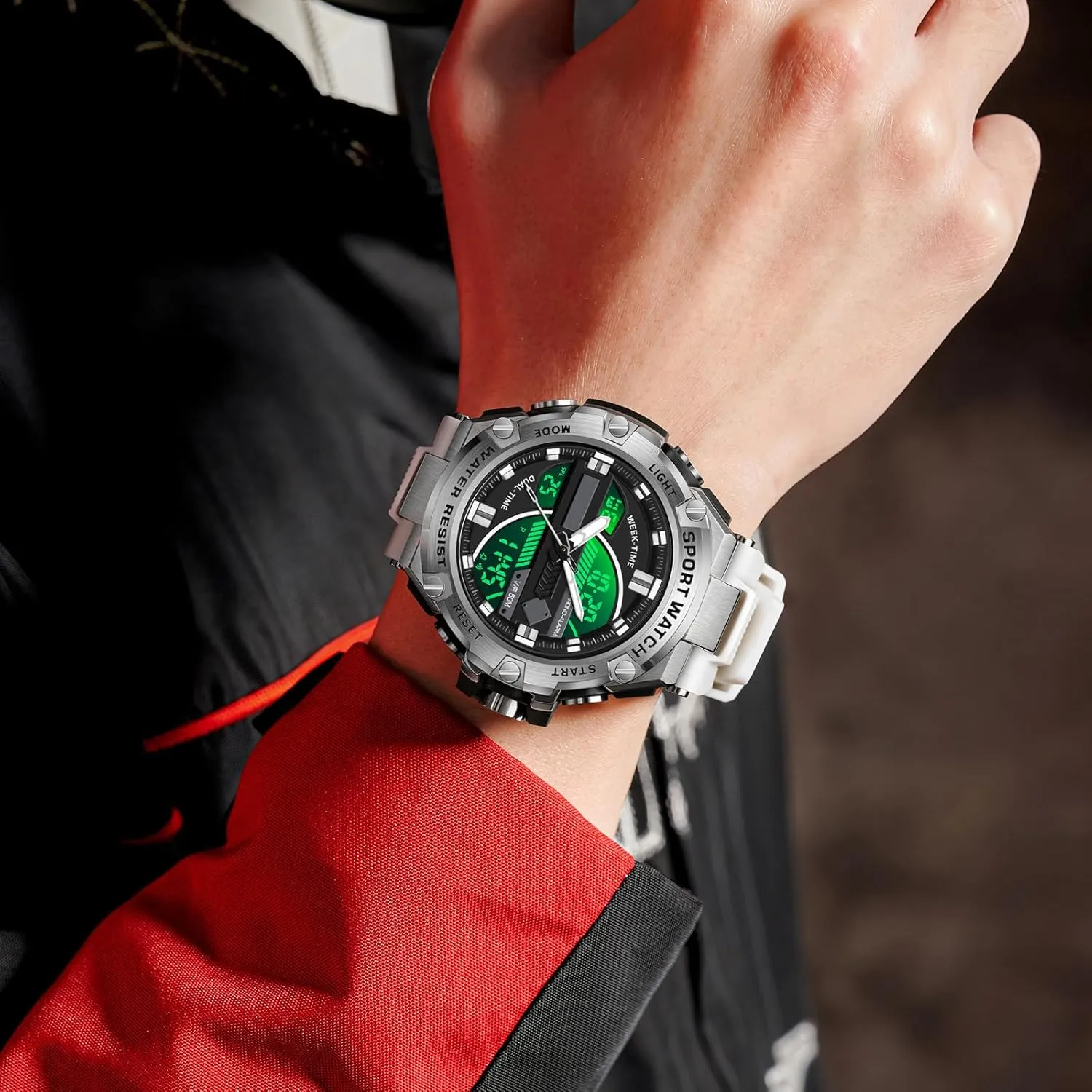 5ATM Waterproof Sports Outdoor Watch for Men Swimming Analog Digital Led Large Face avoid scientific minuscule Dual Dial Time Display Electronic Wristwatch White Running Mens Watches Military Tactics, 