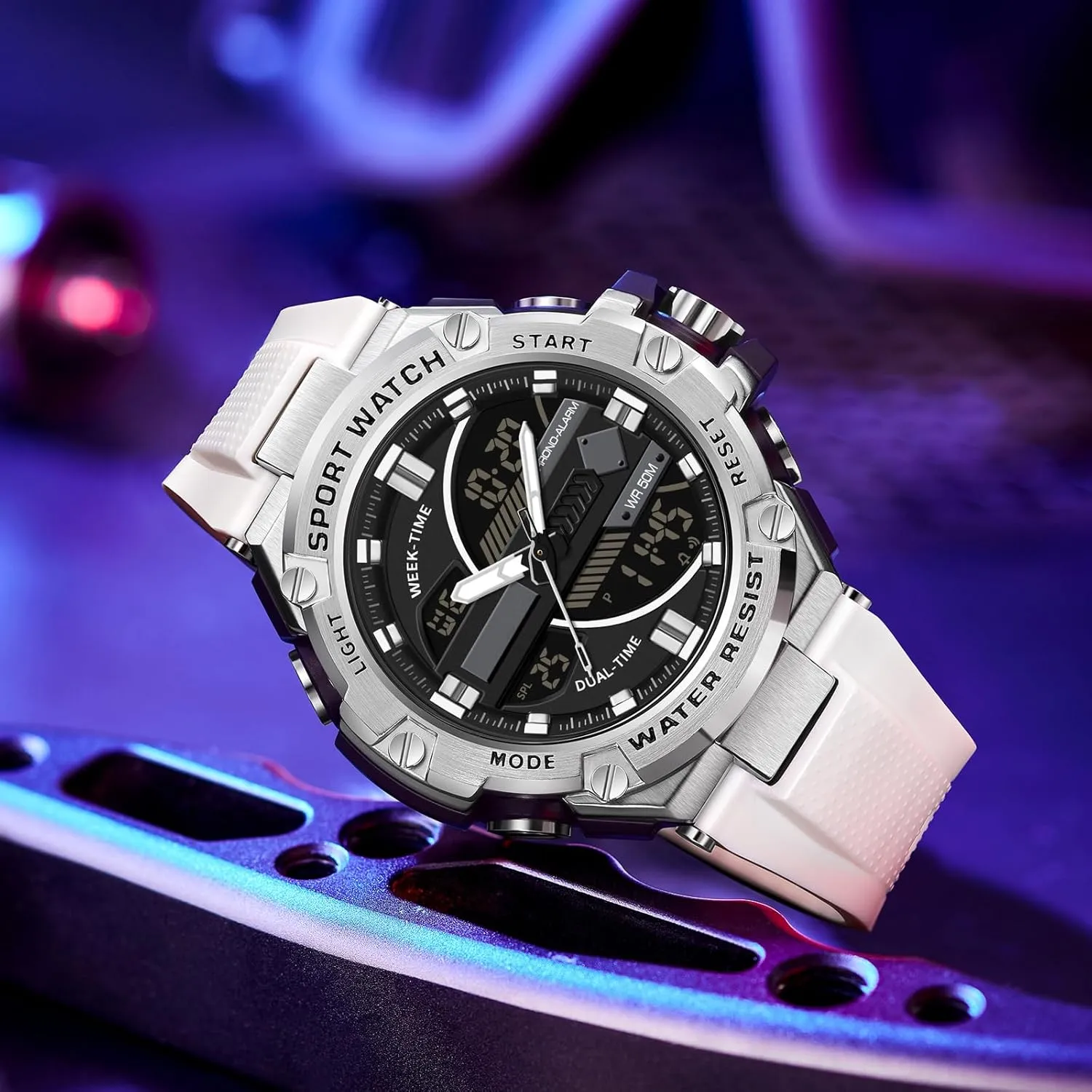 5ATM Waterproof Sports Outdoor Watch for Men Swimming Analog Digital Led Large Face avoid scientific minuscule Dual Dial Time Display Electronic Wristwatch White Running Mens Watches Military Tactics, 