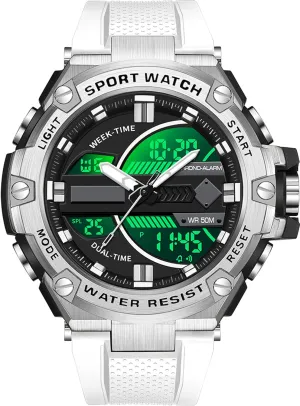 5ATM Waterproof Sports Outdoor Watch for Men Swimming Analog Digital Led Large Face avoid scientific minuscule Dual Dial Time Display Electronic Wristwatch White Running Mens Watches Military Tactics, 