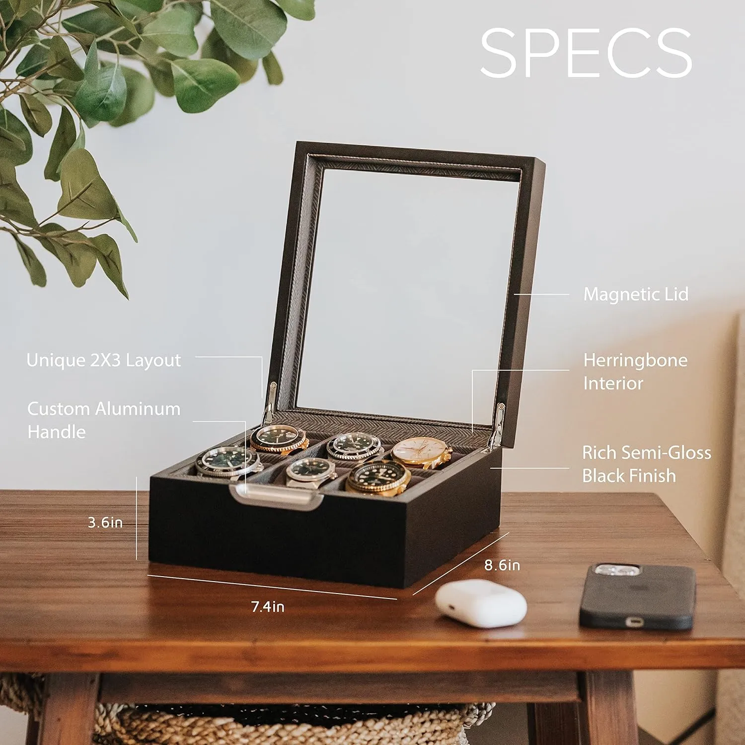 6-Slot with Real Glass CASE ELEGANCE Watch Box Modern 2x3 Black Finish with Custom Aluminum involvement frenzy unsung battle lounger clinic Handle 