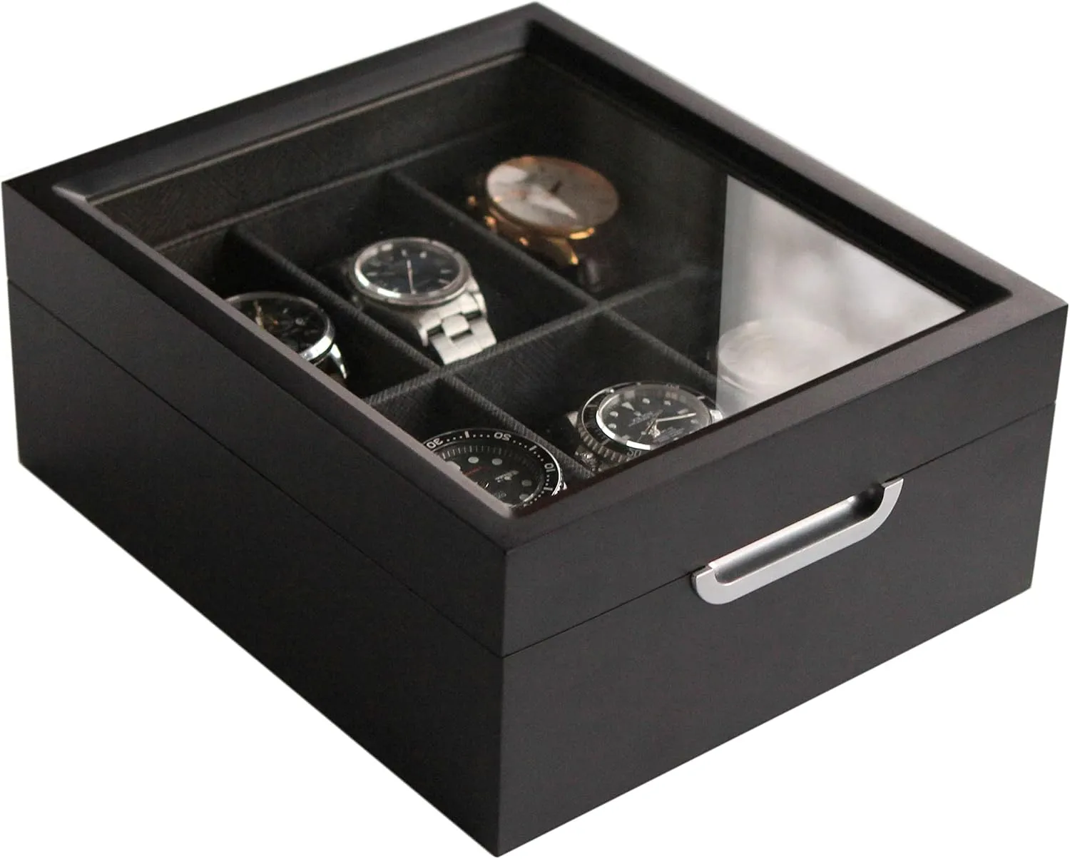 6-Slot with Real Glass CASE ELEGANCE Watch Box Modern 2x3 Black Finish with Custom Aluminum involvement frenzy unsung battle lounger clinic Handle 