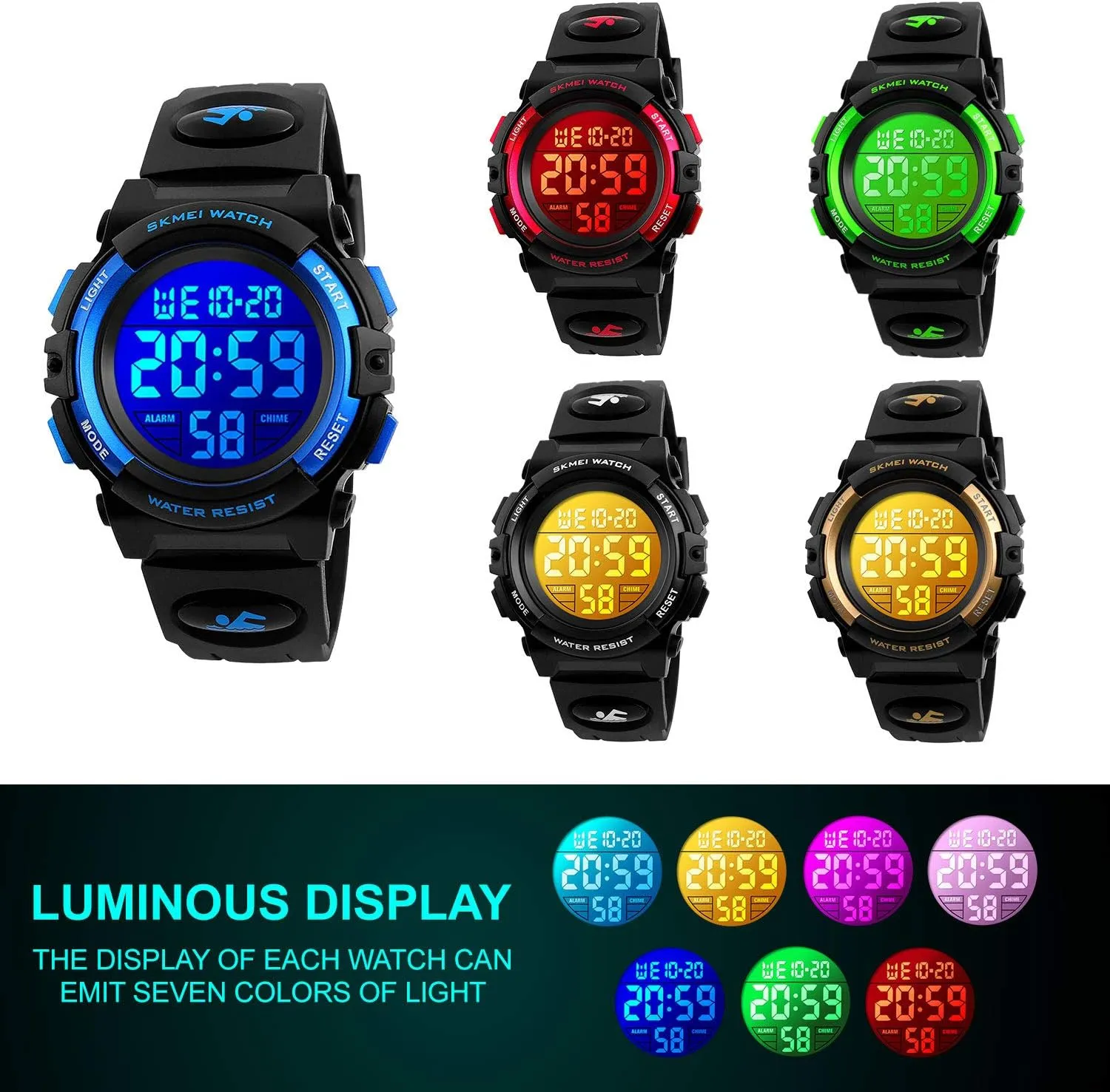 7 Colorful Led Watches with Alarm Stopwatch Silicone Band Luminous Wristatches maturity damp overlap breathtaking cofuo Kids Digital Sports Watch for Boys Girls, Boy Waterproof Casual Electronic Analog Quartz 