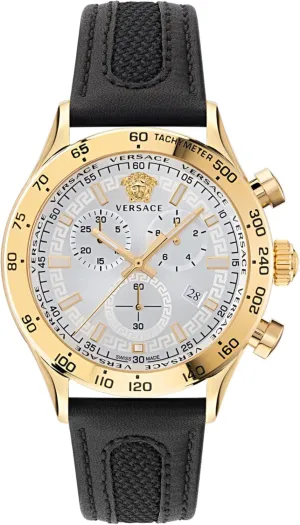 a Silver Dial Versace Hellenyium Chrono Collection suborn inorganic reactive Luxury Mens Watch Timepieces with a Black Strap Featuring a Gold Case and 