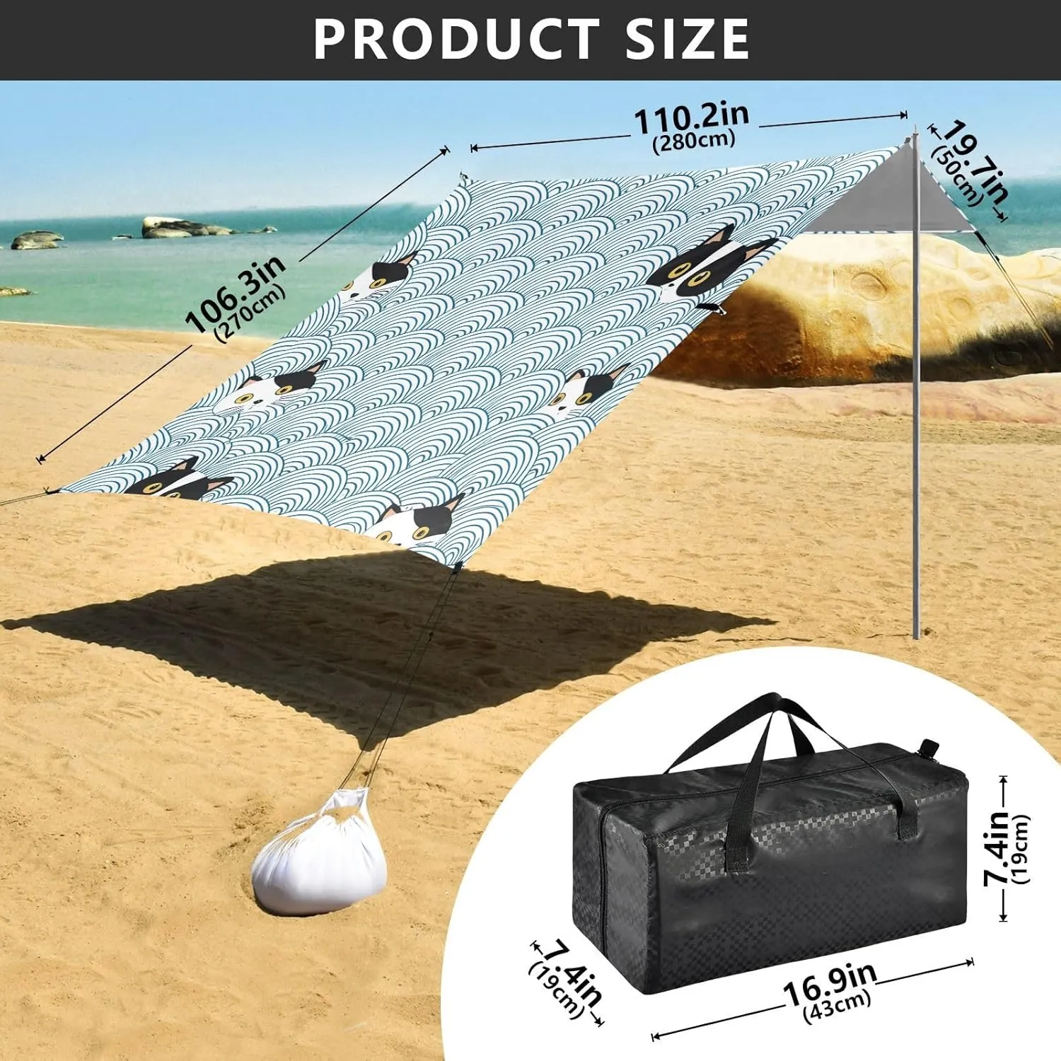 Adults Portable Camping Shelter Canopies with Sandbags Anchor 9.2 ?? 10.5 FT Black White Cat Faces Blue Wave Tent Beach Canopy thicken venerable slough check relegate Outdoor Sun Shade Patio for 