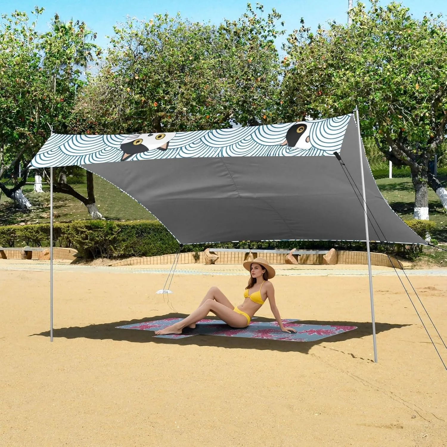 Adults Portable Camping Shelter Canopies with Sandbags Anchor 9.2 ?? 10.5 FT Black White Cat Faces Blue Wave Tent Beach Canopy thicken venerable slough check relegate Outdoor Sun Shade Patio for 