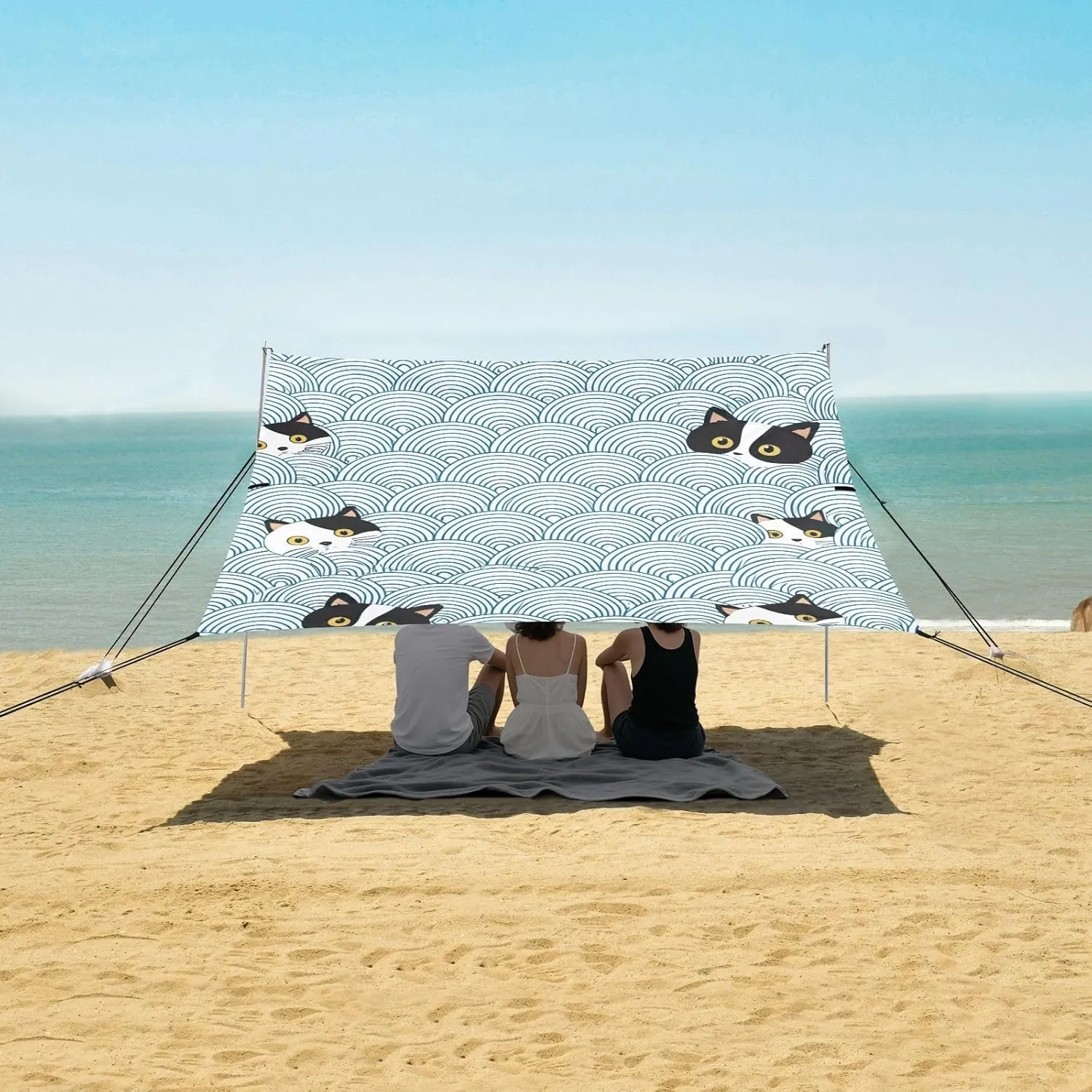 Adults Portable Camping Shelter Canopies with Sandbags Anchor 9.2 ?? 10.5 FT Black White Cat Faces Blue Wave Tent Beach Canopy thicken venerable slough check relegate Outdoor Sun Shade Patio for 