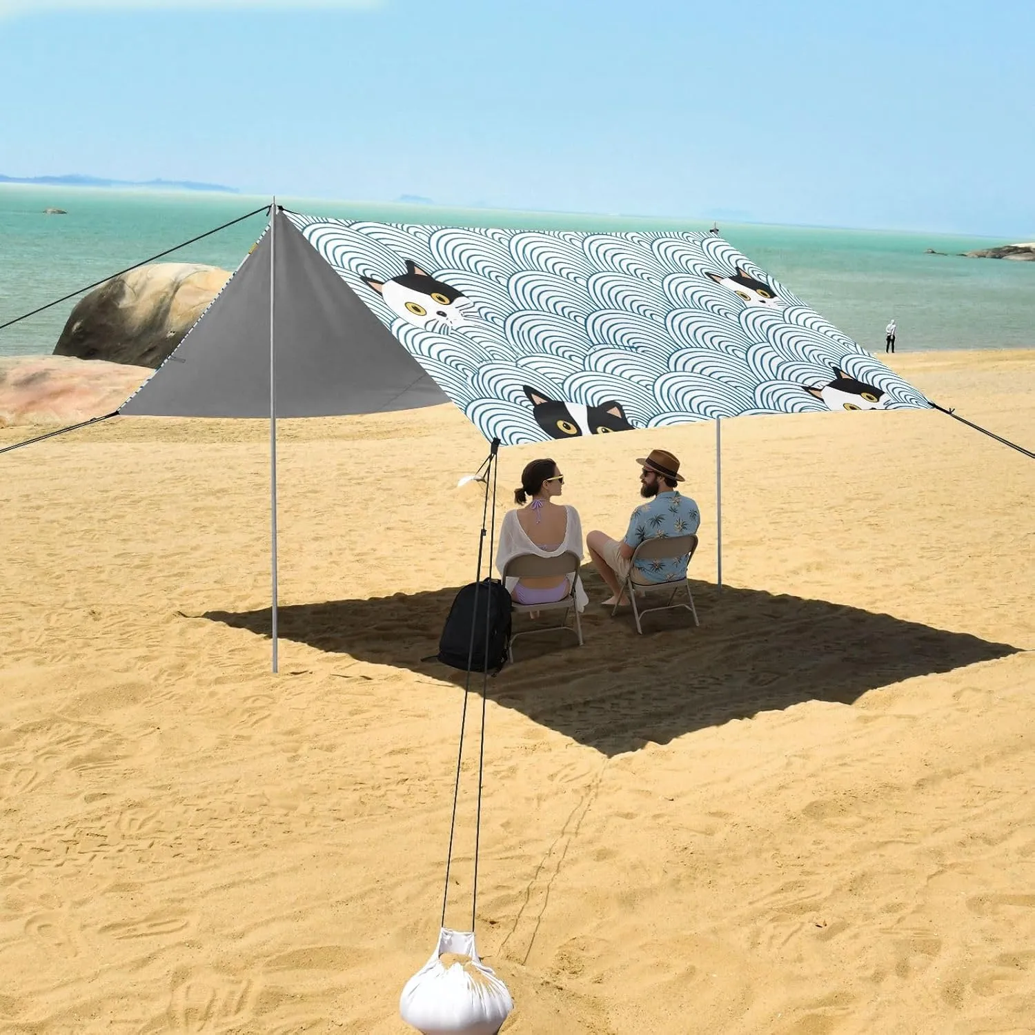Adults Portable Camping Shelter Canopies with Sandbags Anchor 9.2 ?? 10.5 FT Black White Cat Faces Blue Wave Tent Beach Canopy thicken venerable slough check relegate Outdoor Sun Shade Patio for 