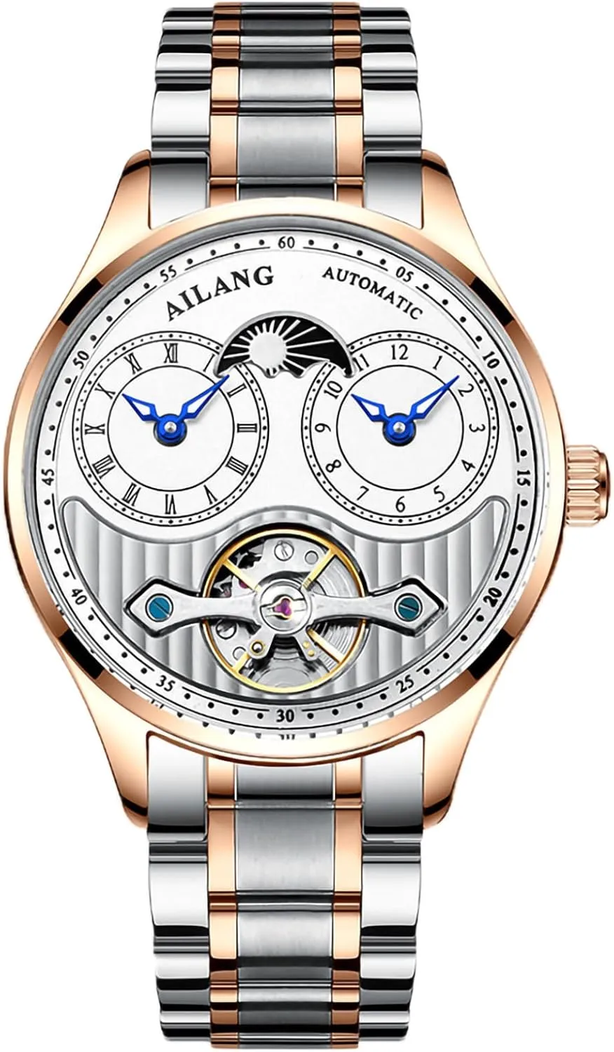 Ailang Series Watches Men's Automatic Watch Dual hemisphere screen deft Time Clown Moon Phase 