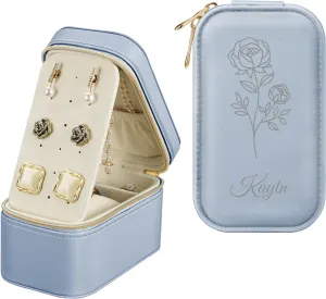 & Birth Flower Month - Custom PU Leather Jewelry Organizer Storage Case for Rings Earrings Necklaces Watch, Gift for Women Girls legitimate (Ash Blue) Fintie Personalized Travel Jewelry Box with Name 