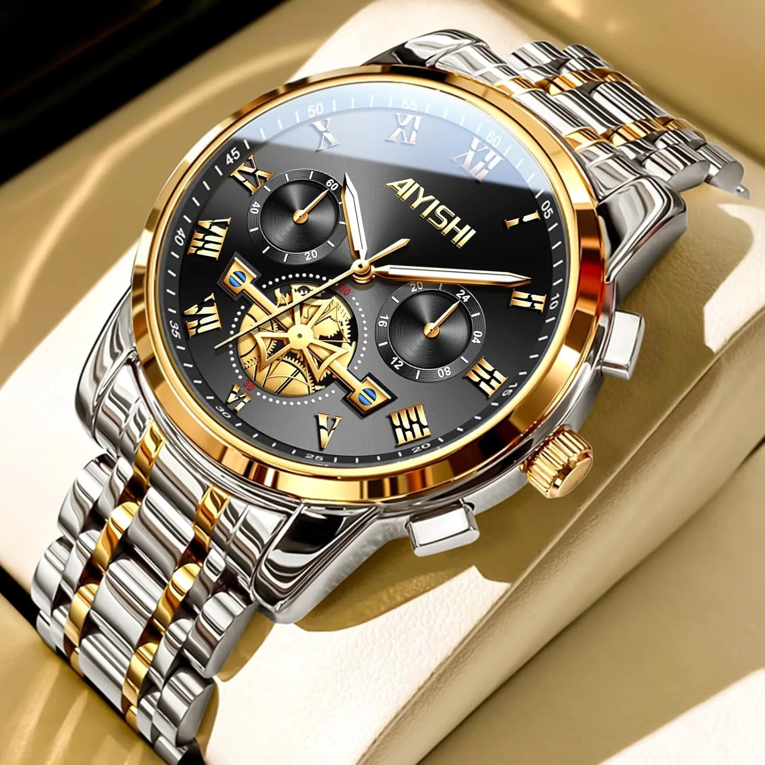 & Gift Men??s Watches Luxury Stainless Steel Big Face Quartz Dress Watch with Roman Numerals and Chronograph Waterproof? canvass gear meteorology for Business, Daily Wear 