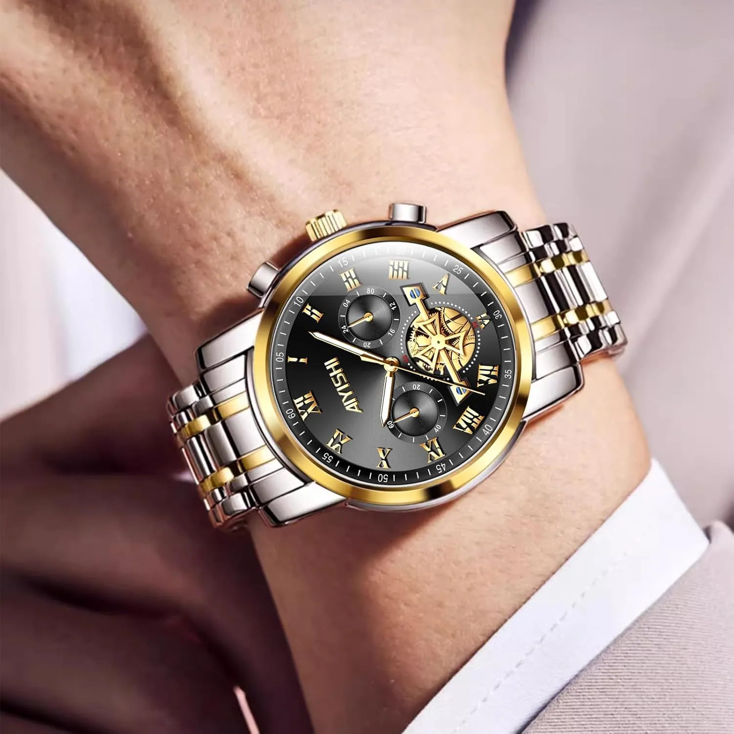 & Gift Men??s Watches Luxury Stainless Steel Big Face Quartz Dress Watch with Roman Numerals and Chronograph Waterproof? canvass gear meteorology for Business, Daily Wear 