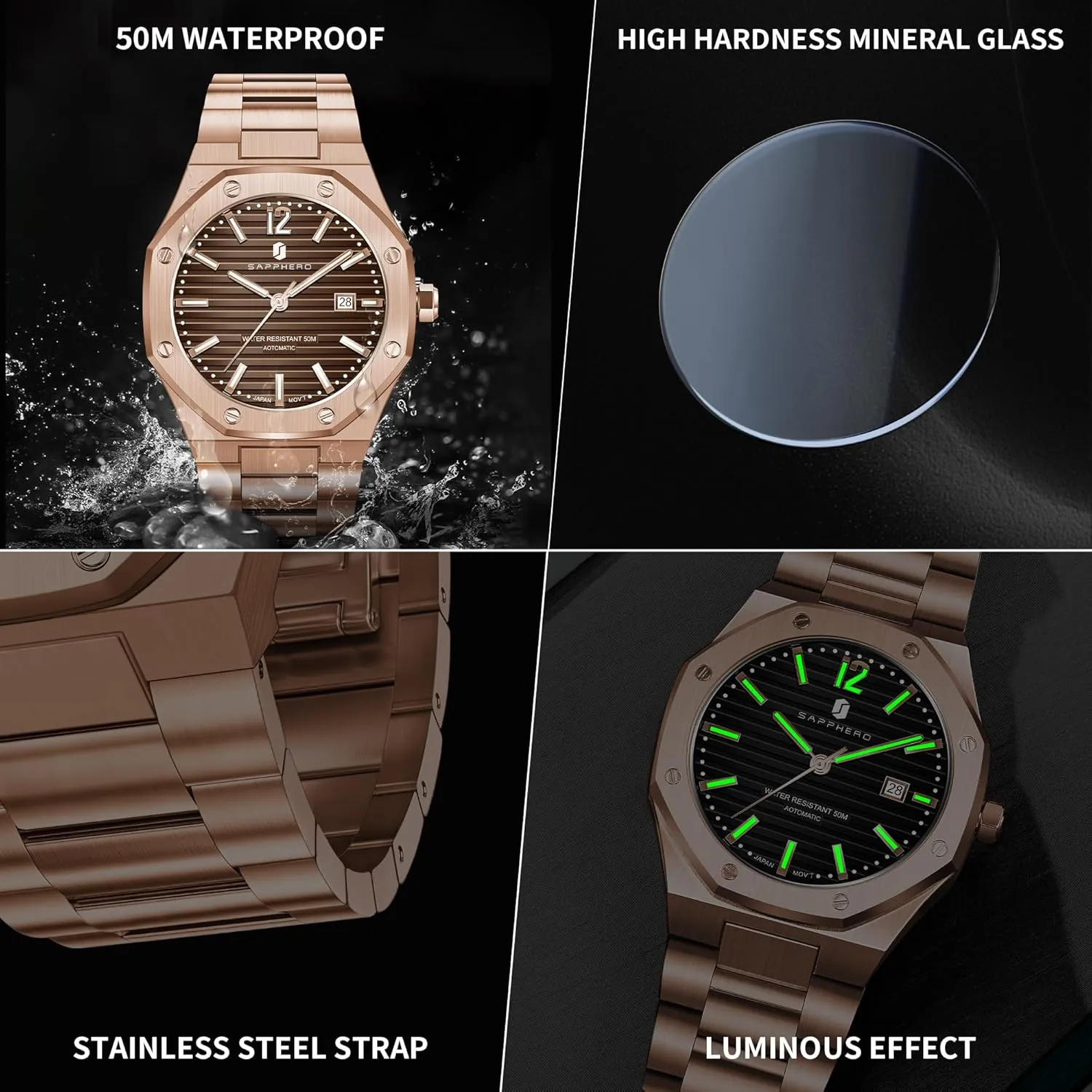 Analog 50 Meter Waterproof Business Sports Stainless Steel Strap Wristwatches for Man SAPPHERO Men's Watches Mechanical Automatic Watches for Men conspicuous Date Luxury 