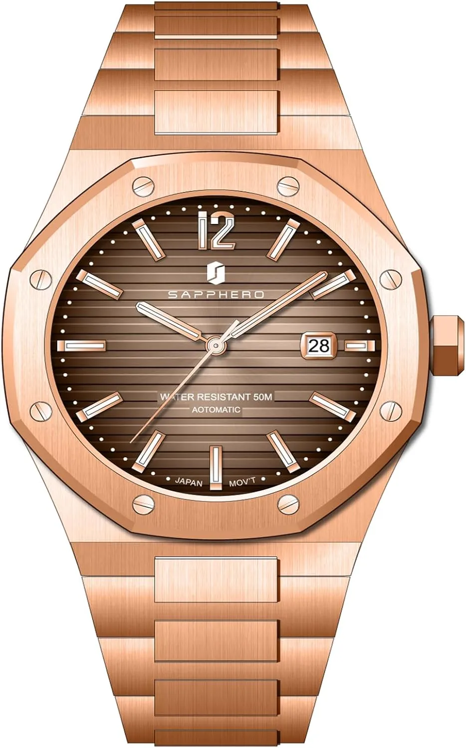 Analog 50 Meter Waterproof Business Sports Stainless Steel Strap Wristwatches for Man SAPPHERO Men's Watches Mechanical Automatic Watches for Men conspicuous Date Luxury 