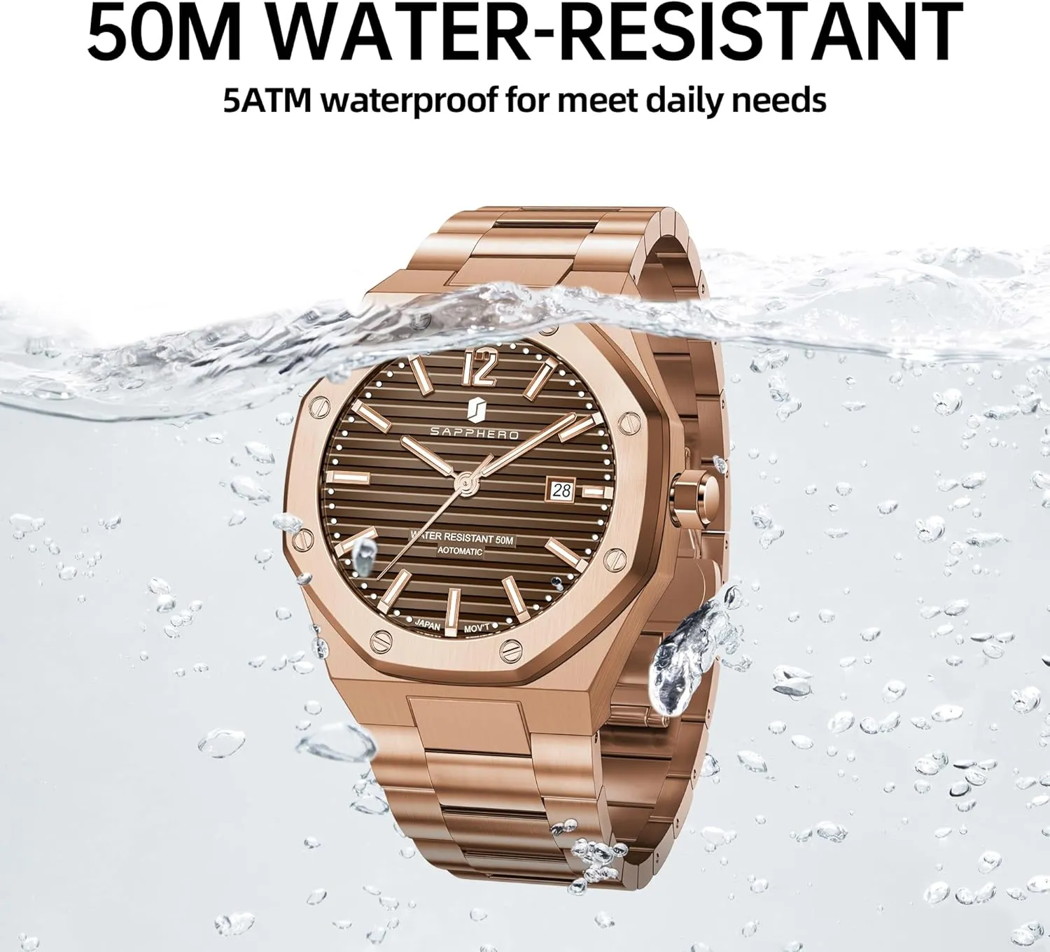 Analog 50 Meter Waterproof Business Sports Stainless Steel Strap Wristwatches for Man SAPPHERO Men's Watches Mechanical Automatic Watches for Men conspicuous Date Luxury 