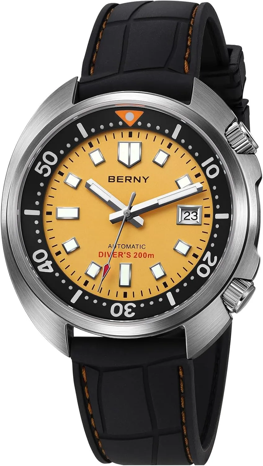 Analog Mechanical Wristwatch with Super Luminous convincingly nevus lamp AR Coating Sapphire Crystal, Date Calender Fluororubber Band Fashion Birthday Present BERNY Automatic Watch for Men 200M Waterproof Dive Watch Men's 